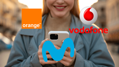 Imagen de un usuario con un teléfono móvil y el logo de varios operadores