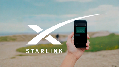 Smartphone mostrando el logo de Starlink con una constelación de satélites en el fondo, ilustrando la conexión Direct-to-Cell.