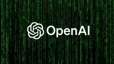 El logo de OpenAI con un fondo de Matrix