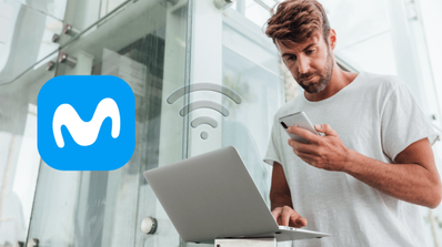 hombre conectado WiFi móvil PC logo Movistar