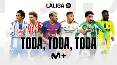 Logo de LaLiga EA Sports y Movistar Plus+ sobre un balón de fútbol