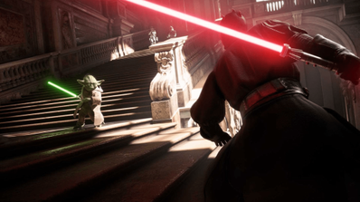 Imagen del juego Star Wars Battlefront 2 en un combate entre dos personajes emblemáticos de la franquicia