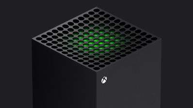 Consola Xbox Series X en posición vertical sobre un fondo negro