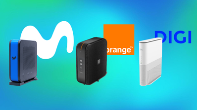 Comparativa visual de los routers WiFi 7 de los operadores españoles: el Movistar Smart WiFi 7 en azul, el Orange Livebox 7 en blanco y el DIGI TP-Link en negro, sobre un fondo de un salón moderno.