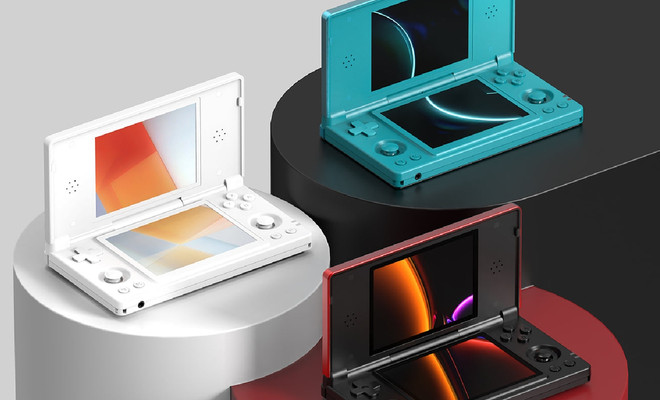Consola retro portátil Anbernic RG DS en posición abierta mostrando su diseño de doble pantalla