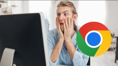 hombre preocupando frente a monitor PC logo Google Chrome