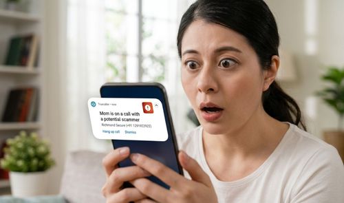 mujer recibiendo alerta Truecaller de una llamada potencialmente fraudulenta a su madre