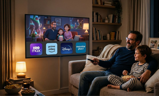 padre e hijo viendo película en streaming en Smart TV