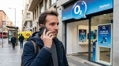 persona llamando por teléfono con una tienda O2 de fondo