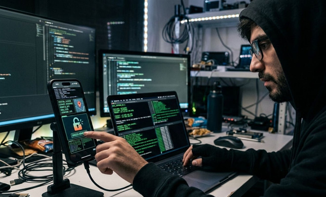 representación generada por IA de un pirata informático hackeando móvil