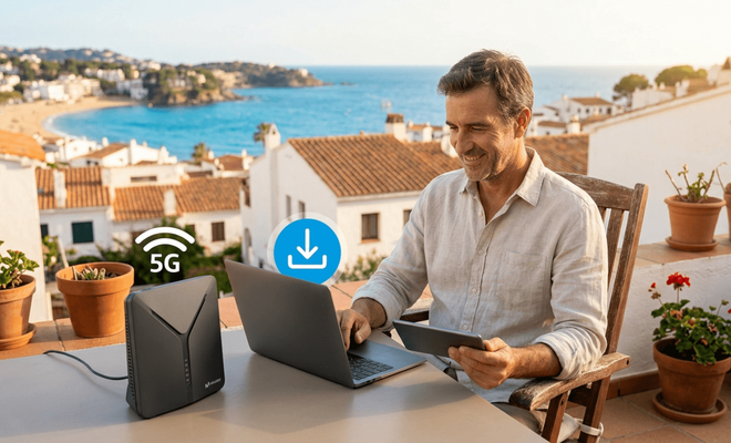 Hombre usando un ordenador portátil y un router 5G de Movistar en la terraza de una casa costera con vistas al mar.