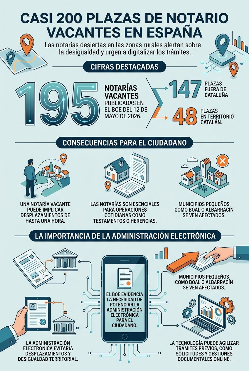 Infografía sobre las 195 plazas de notario vacantes en España, detallando el impacto en zonas rurales y la importancia de la administración electrónica.