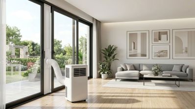 Aire acondicionado portátil blanco instalado en un salón moderno con el tubo de extracción conectado a un ventanal.