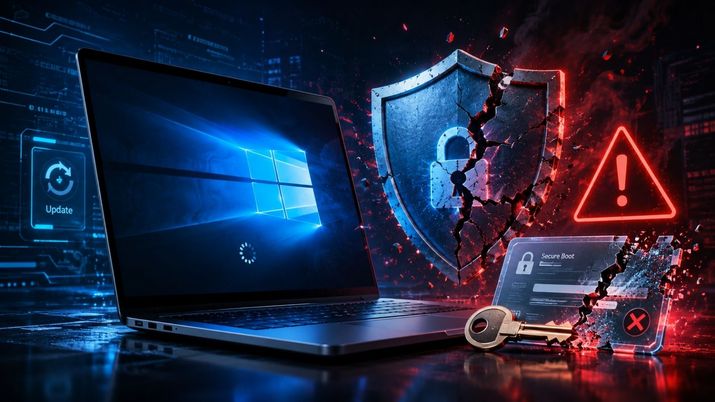 Ordenador portátil con el logotipo de Windows mostrando un escudo de seguridad agrietado, una llave y una señal de advertencia roja sobre un fondo digital.