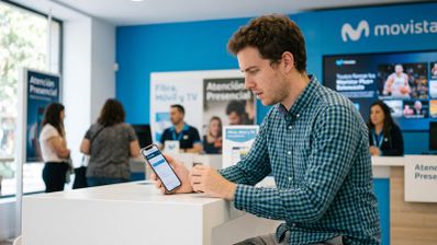 Hombre joven con camisa de cuadros consultando su teléfono móvil en el mostrador de una tienda de Movistar con empleados al fondo.
