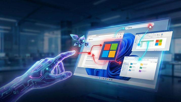 Mano robótica señalando una pantalla digital con la interfaz de Windows, iconos de aplicaciones y elementos de inteligencia artificial.