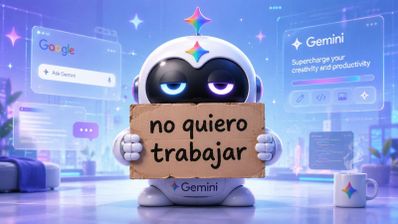 Pequeño robot blanco con logotipos de Google Gemini y expresión de cansancio sujetando un cartel de cartón que dice no quiero trabajar.