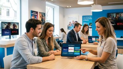 Pareja joven sentada en una tienda de telefonía mientras una asesora les muestra opciones de suscripción a Disney+ y Netflix en una tablet.
