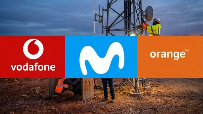 Logotipos de Vodafone, Movistar y Orange superpuestos sobre una imagen de técnicos trabajando en una torre de telecomunicaciones.