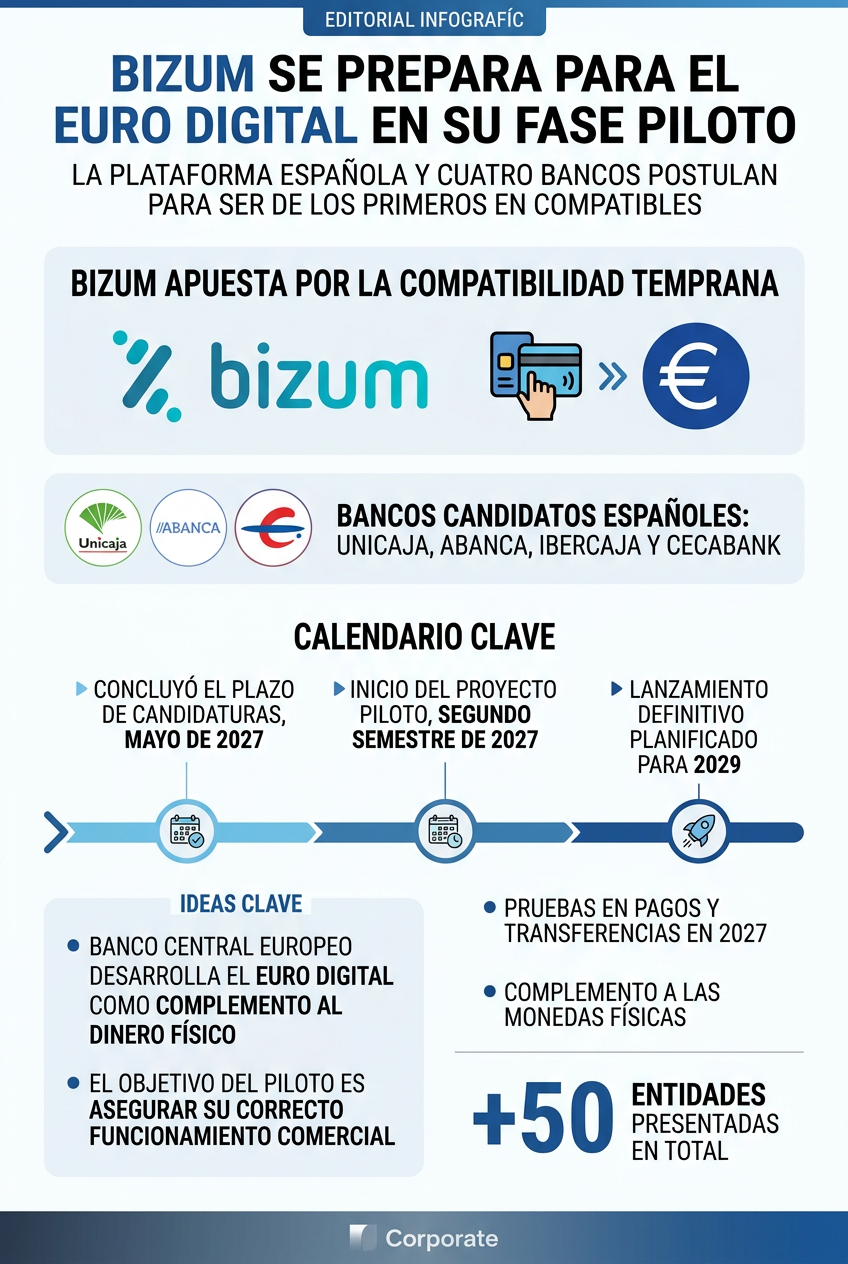 Infografía sobre la fase piloto del euro digital y la participación de Bizum junto a bancos españoles como Unicaja y Abanca.