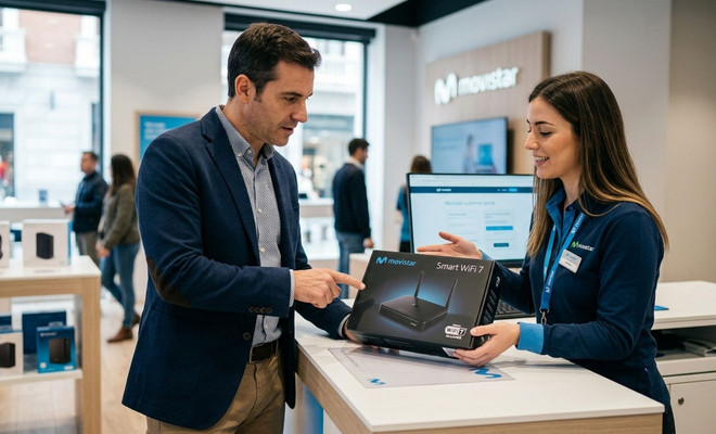 Una empleada de una tienda Movistar muestra la caja de un router Smart WiFi 7 a un cliente interesado.