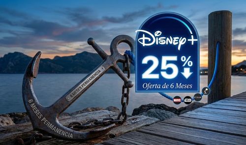 Ancla metálica sobre un muelle de madera con la inscripción 6 meses de permanencia y un cartel publicitario de Disney Plus con un 25 por ciento de descuento.