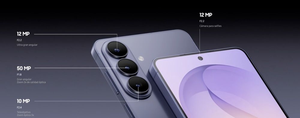Infografía de las cámaras de un Samsung Galaxy con detalles técnicos del sensor principal de 50 MP, ultra gran angular de 12 MP y teleobjetivo de 10 MP.