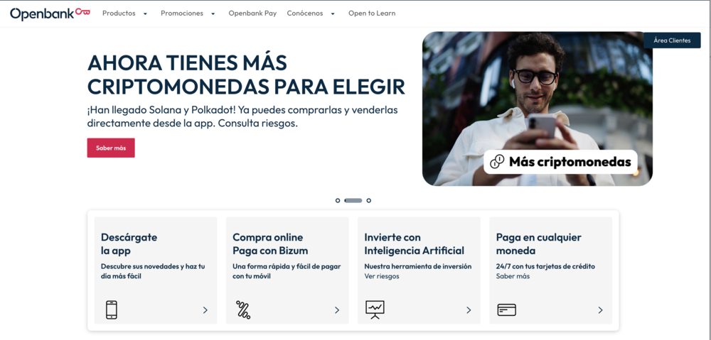 Interfaz de la web de Openbank que anuncia la incorporación de criptomonedas como Solana y Polkadot en su aplicación móvil.