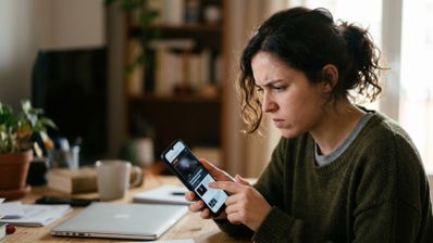 Mujer joven con expresión de frustración mirando la pantalla de su teléfono móvil en un escritorio con un ordenador portátil.