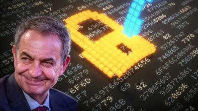Primer plano de José Luis Rodríguez Zapatero con un fondo de código binario y un candado digital amarillo.