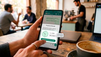 Ilustración conceptual de un smartphone mostrando la función de programar mensajes en WhatsApp, generada por inteligencia artificial