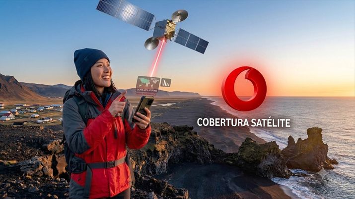 Mujer usando un teléfono móvil conectado a un satélite en un entorno costero remoto junto al logotipo de Vodafone.