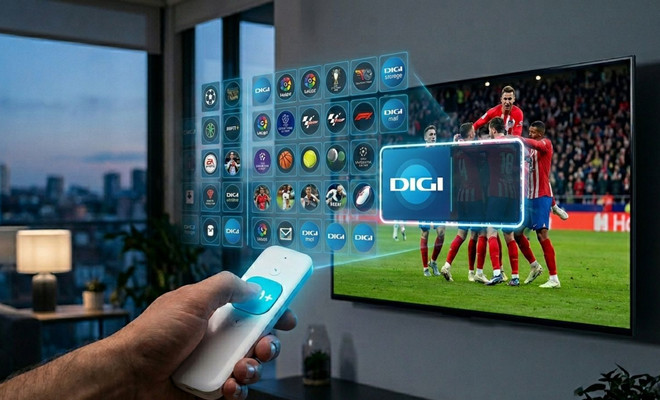 Mano de una persona usando un mando a distancia frente a una televisión que muestra un partido de fútbol y una interfaz de canales de Digi TV.