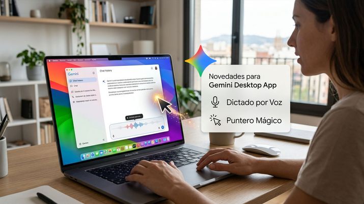 Mujer utilizando la aplicación de escritorio de Gemini en un ordenador portátil, mostrando las funciones de dictado por voz y puntero mágico.