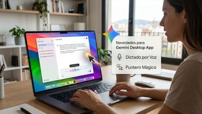 Mujer utilizando la aplicación de escritorio de Gemini en un ordenador portátil, mostrando las funciones de dictado por voz y puntero mágico.