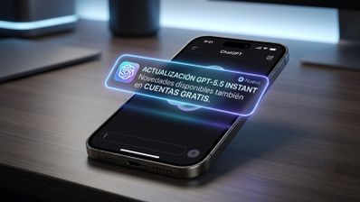 Smartphone sobre una mesa de madera mostrando una notificación holográfica de la actualización GPT-5.5 Instant para cuentas gratuitas de ChatGPT.