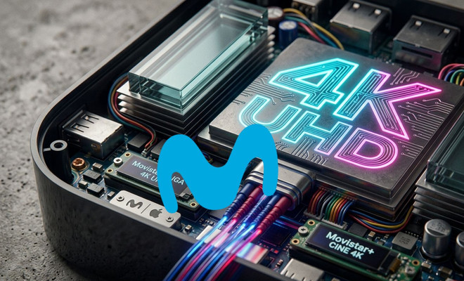 Interior de un decodificador con el logotipo de Movistar y un chip iluminado con texto 4K UHD.