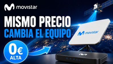 Kit de conexión a internet por satélite de Movistar con antena plana, router y satélite en órbita sobre la Tierra.