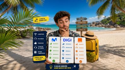 Hombre en una playa tropical comparando tarjetas de servicios de las operadoras Movistar, Digi y Orange con puntuaciones de cobertura y velocidad.