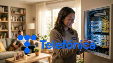 Técnica de Telefónica revisando una central de conexiones de fibra óptica en el interior de una vivienda.