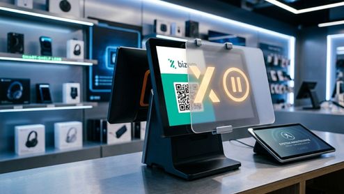 Terminal de punto de venta en una tienda tecnológica que muestra un código QR de Bizum para realizar pagos móviles.