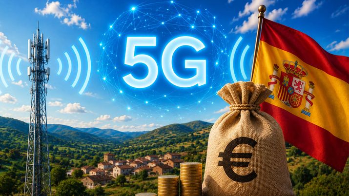Composición de una torre de telecomunicaciones, la bandera de España y un saco de dinero representando financiación sobre un pueblo.