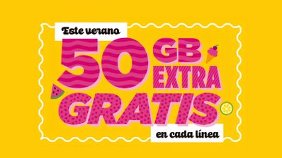 Cartel publicitario sobre fondo amarillo con el texto 50 GB extra gratis este verano en cada línea, decorado con motivos estivales como sandía y helado.