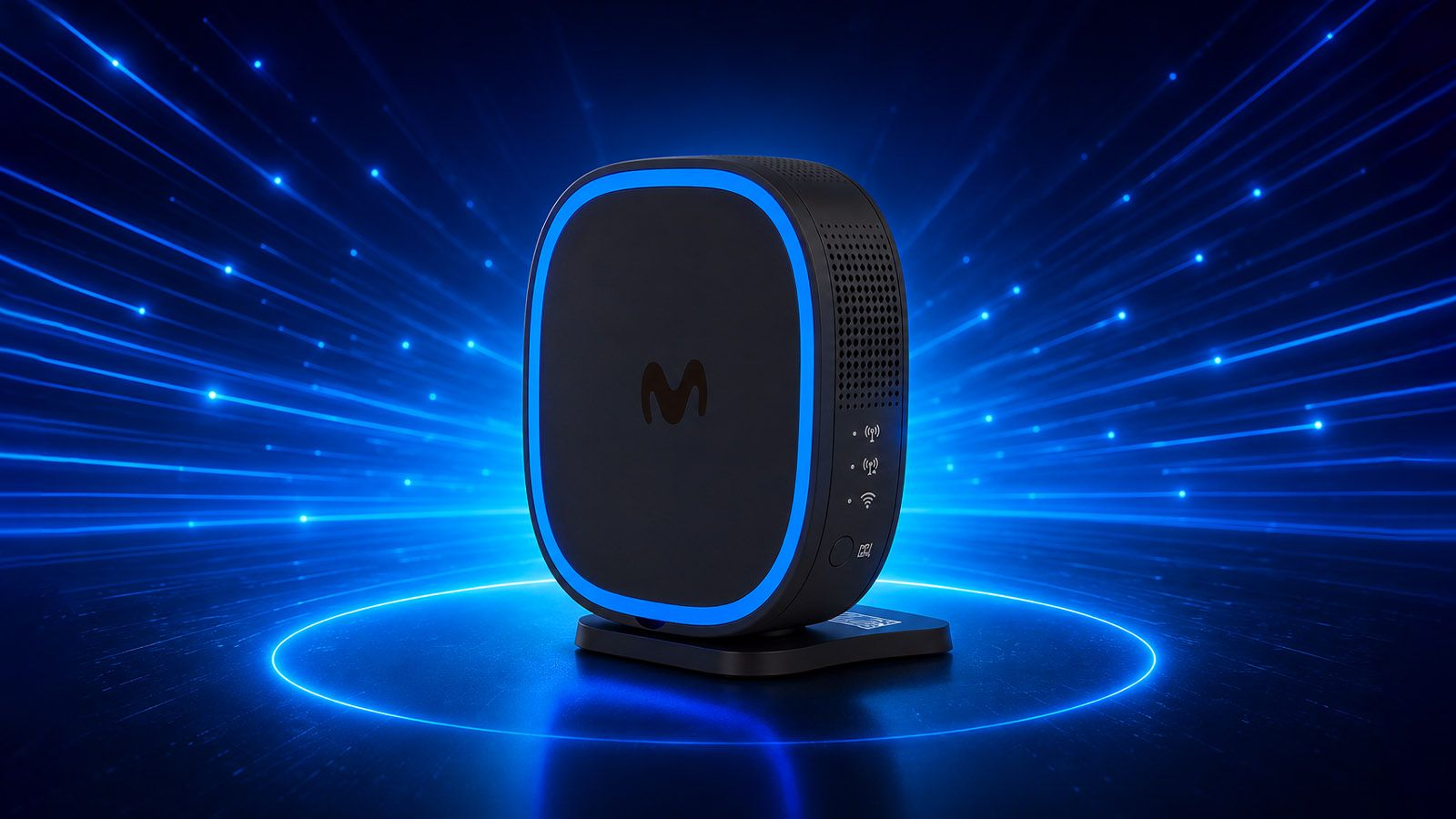 Amplificador WiFi de Movistar con diseño circular y halo de luz azul sobre un fondo de partículas de velocidad.
