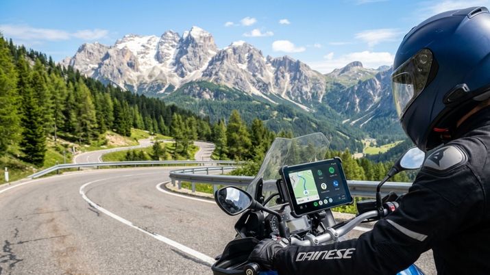 Motorista en una carretera de montaña con una pantalla inteligente instalada en el manillar que muestra el mapa de navegación.