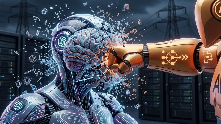 Ilustración de un robot con el logo de ChatGPT recibiendo un puñetazo de otro brazo robótico en un centro de datos, simbolizando la competencia entre modelos de inteligencia artificial.