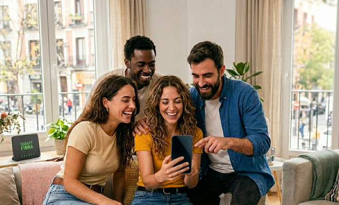 Cuatro amigos jóvenes sonríen mientras miran juntos la pantalla de un teléfono móvil en un salón luminoso con un router de fibra al fondo.