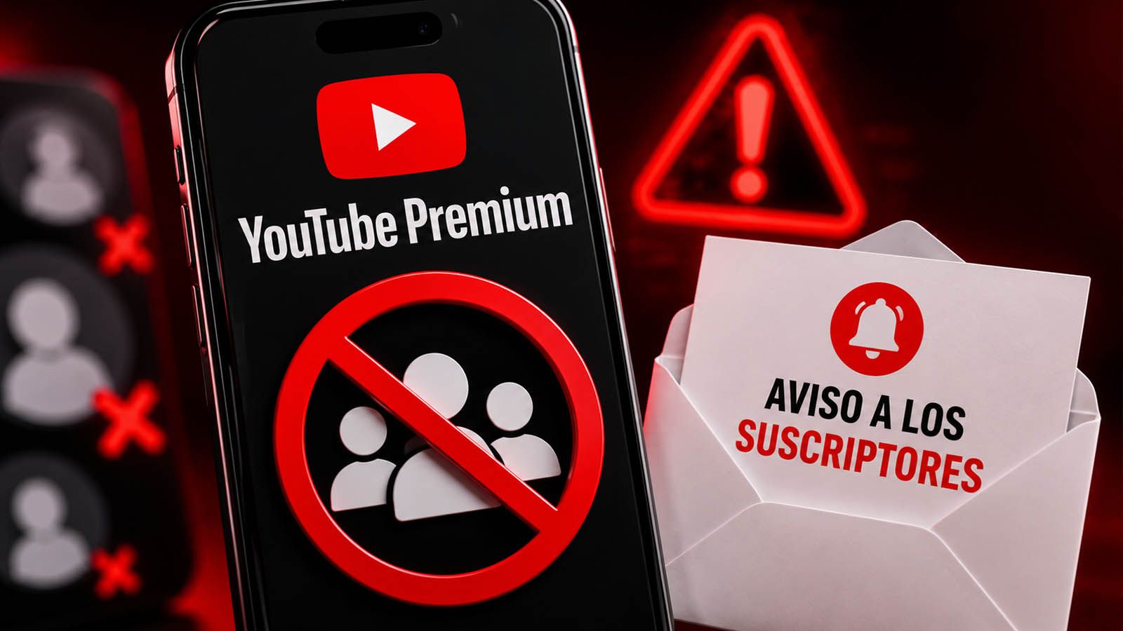 Teléfono móvil mostrando el logo de YouTube Premium con una señal de prohibido sobre un grupo de usuarios y una carta con el texto aviso a los suscriptores.