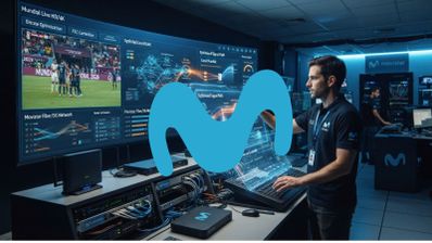 Técnico en un centro de control de Movistar monitorizando señales de vídeo en una pantalla gigante con gráficos de red y un partido de fútbol.