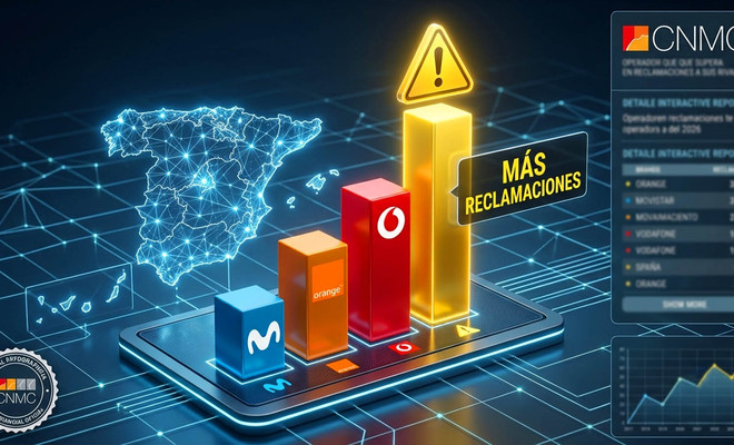 Gráfica de barras en 3D sobre un dispositivo digital que muestra datos de reclamaciones de operadores de telecomunicaciones en España con logos de Movistar, Orange y Vodafone.